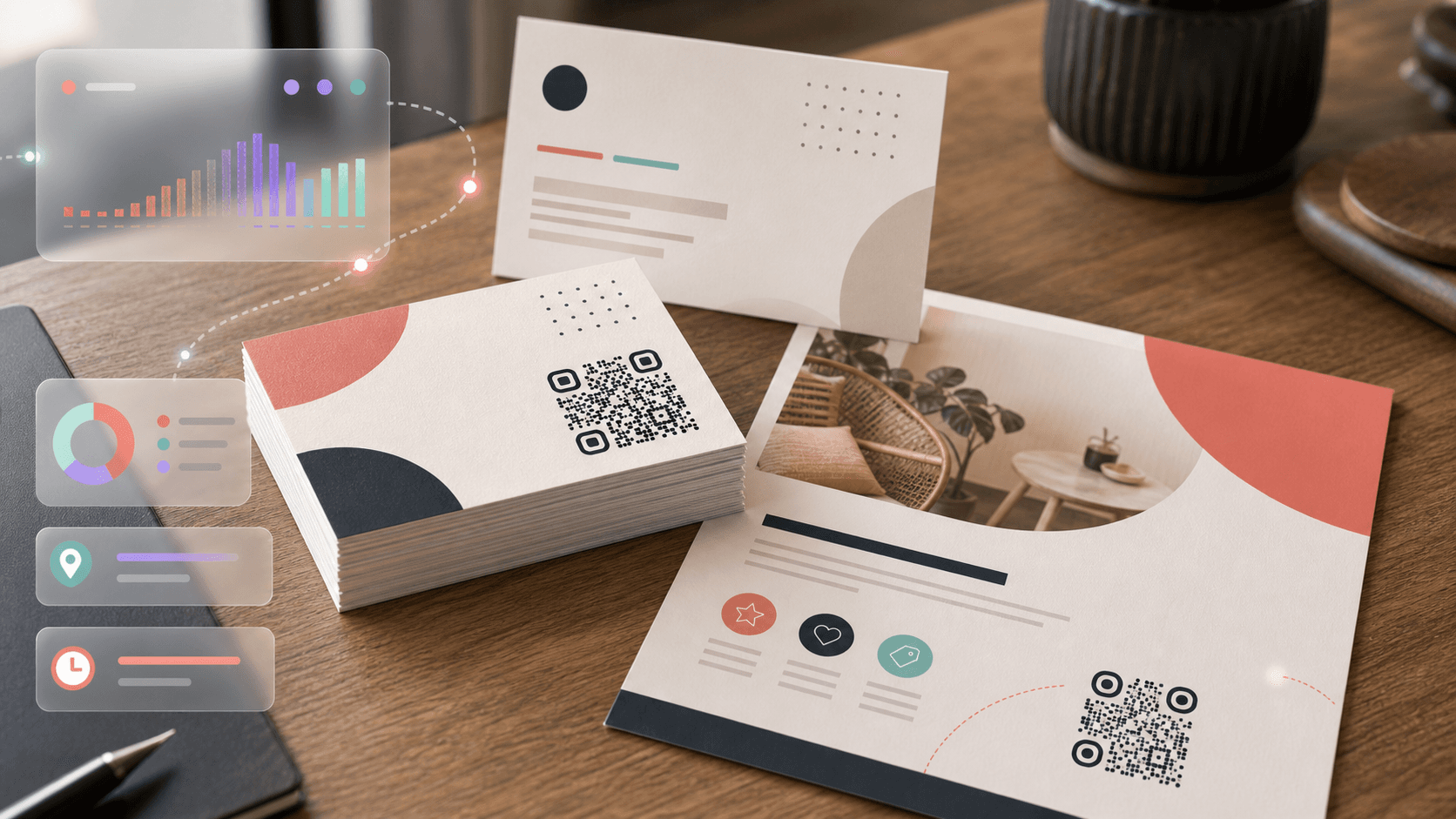Business cards and flyer print set with QR codes and subtle frosted analytics motifs
