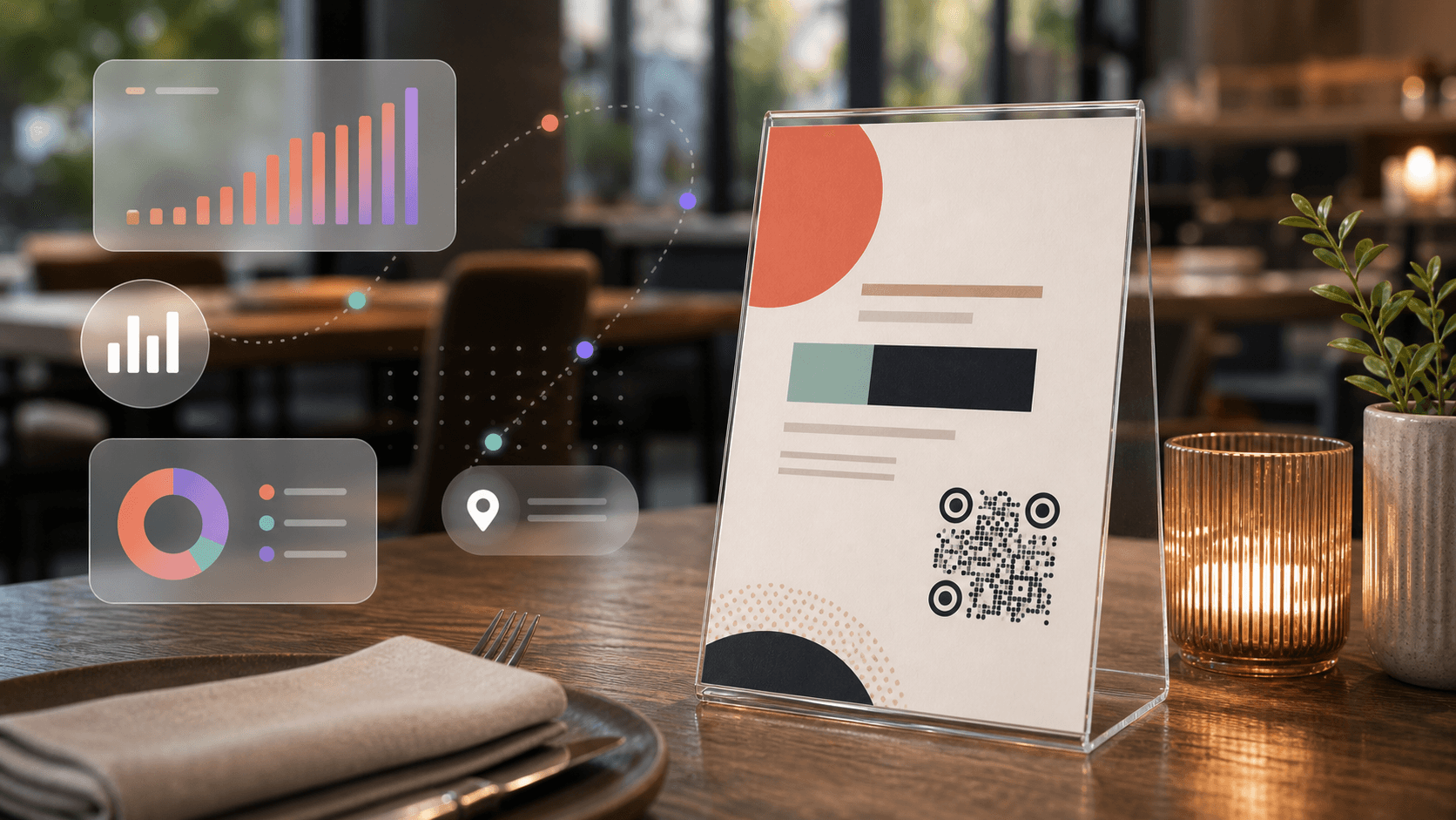 Restaurant table tent with a QR code and abstract campaign analytics overlays