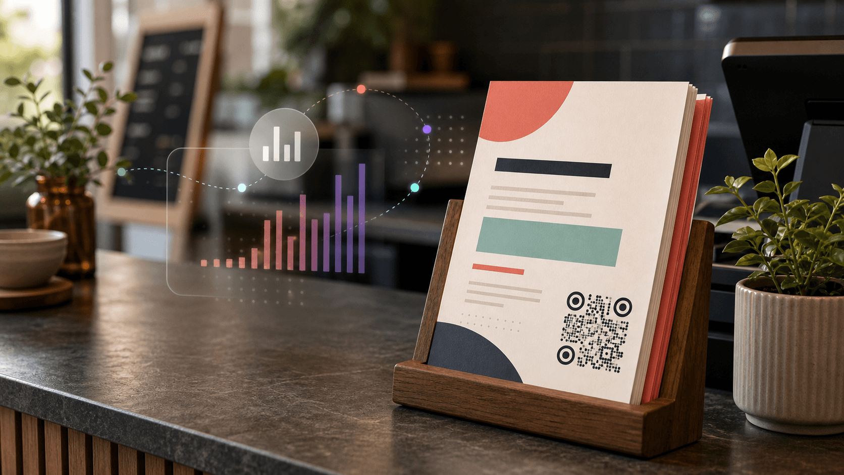 Flyers in a counter display with abstract analytics overlays showing campaign results