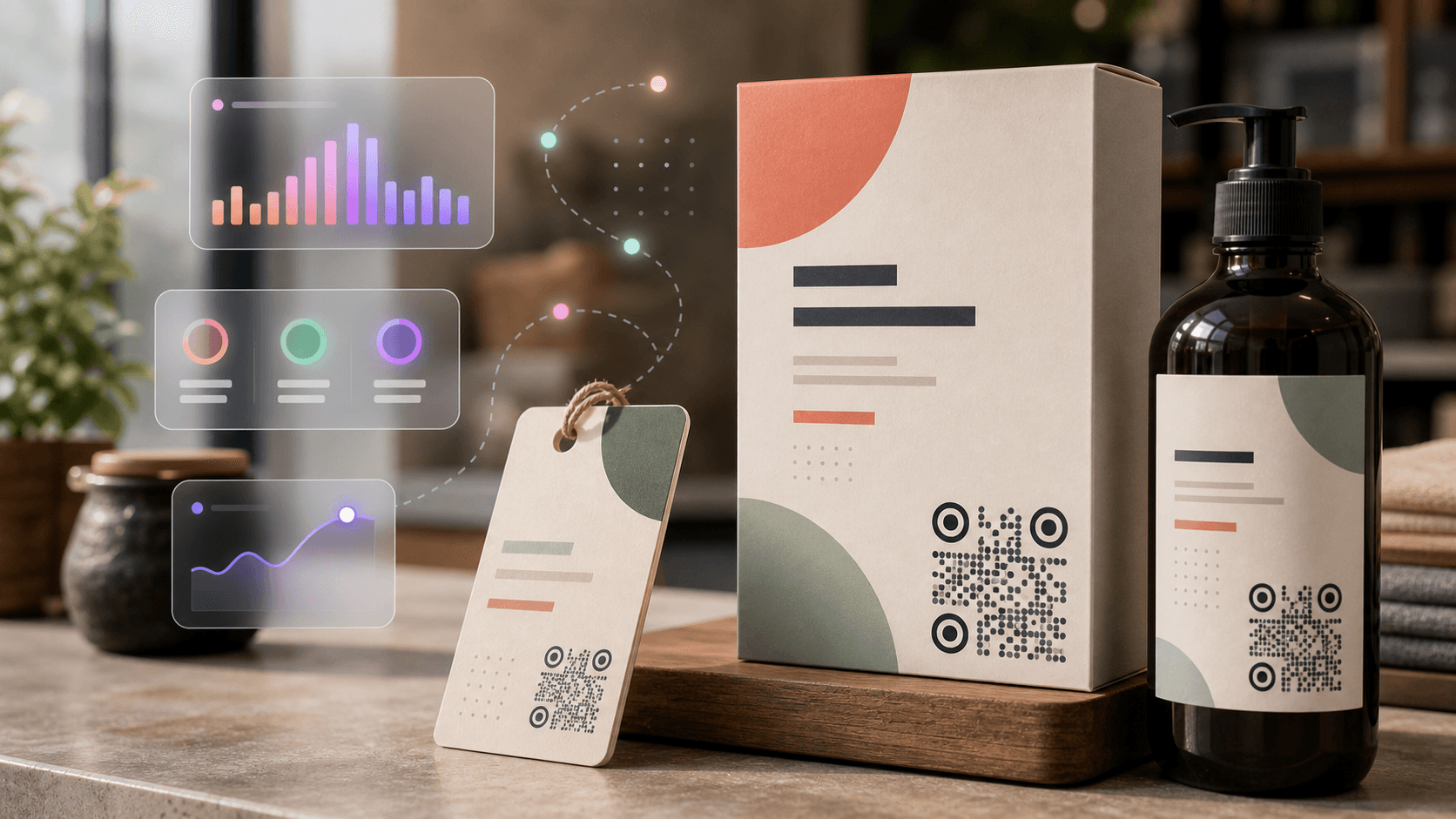 Product packaging and labels with QR codes and subtle frosted analytics motifs