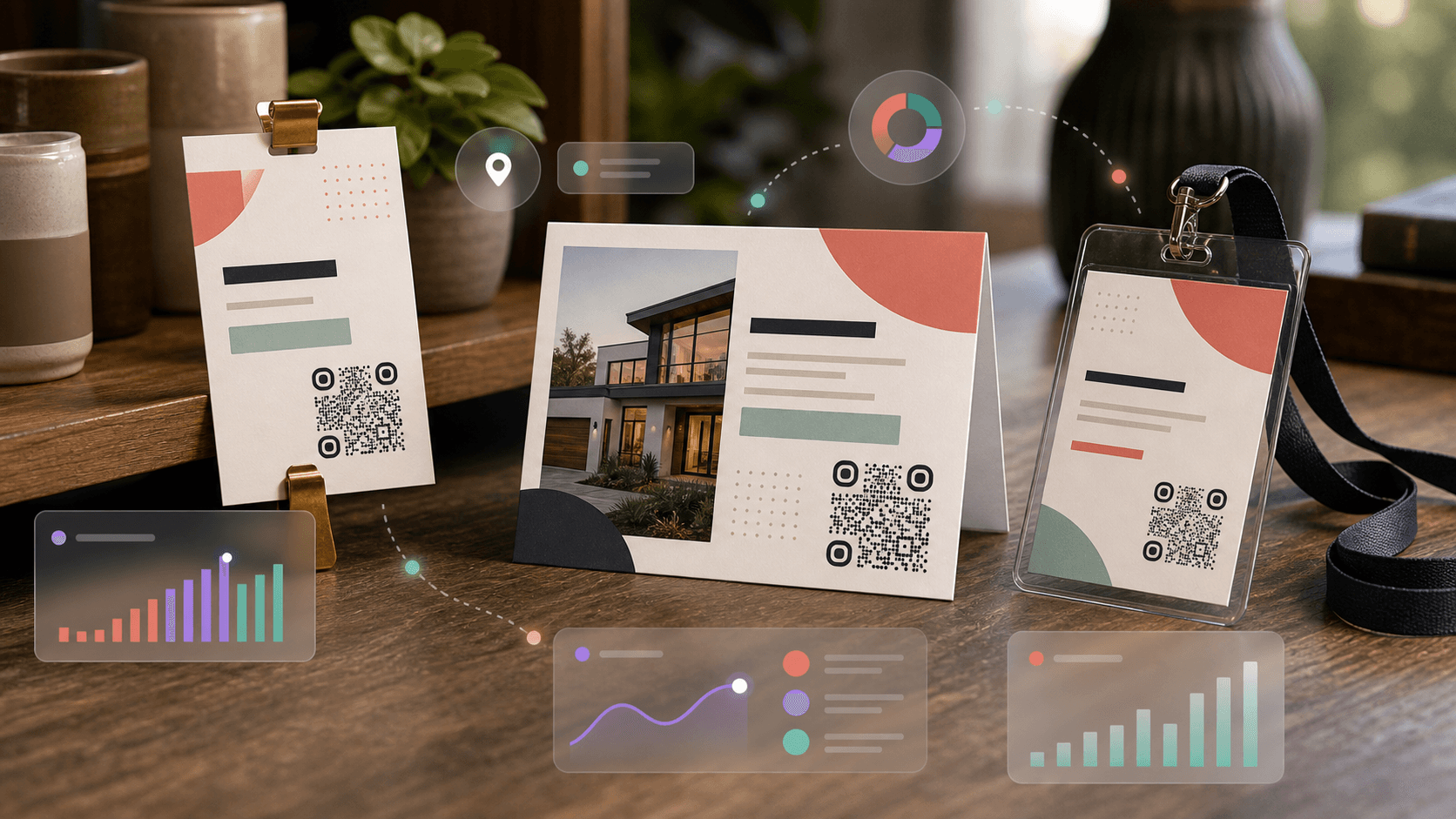 Retail, real estate, and event QR code placements with subtle frosted analytics motifs