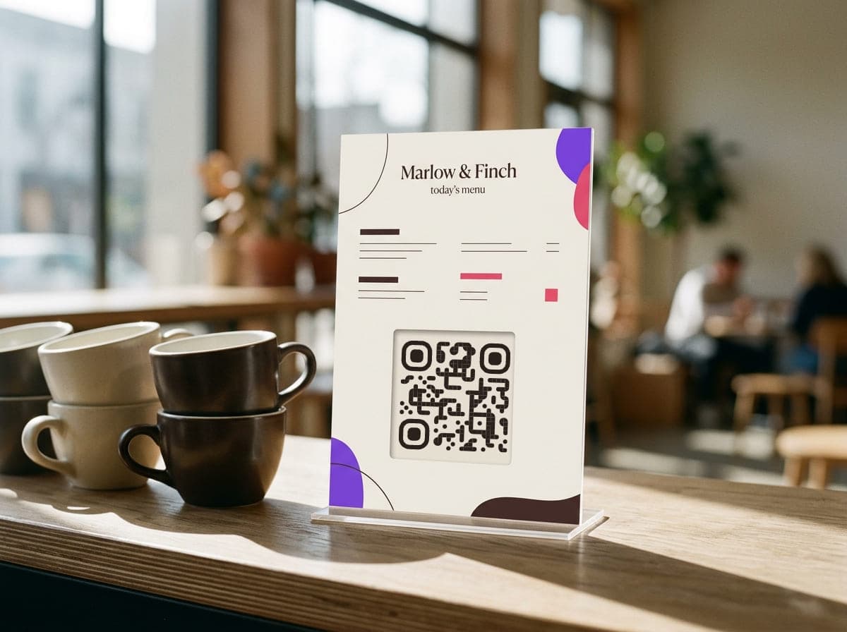 Marlow & Finch coffee shop counter card with a QR code