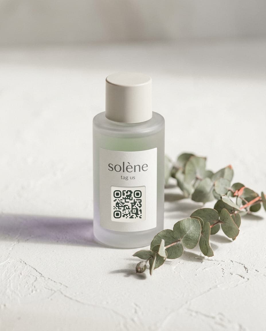 Solène skincare bottle with a QR code on the label