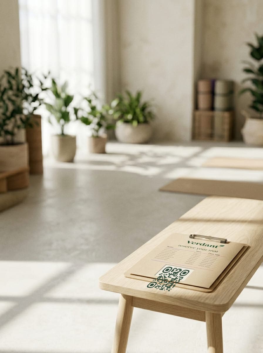 Verdant yoga studio class clipboard with a sign-up QR code