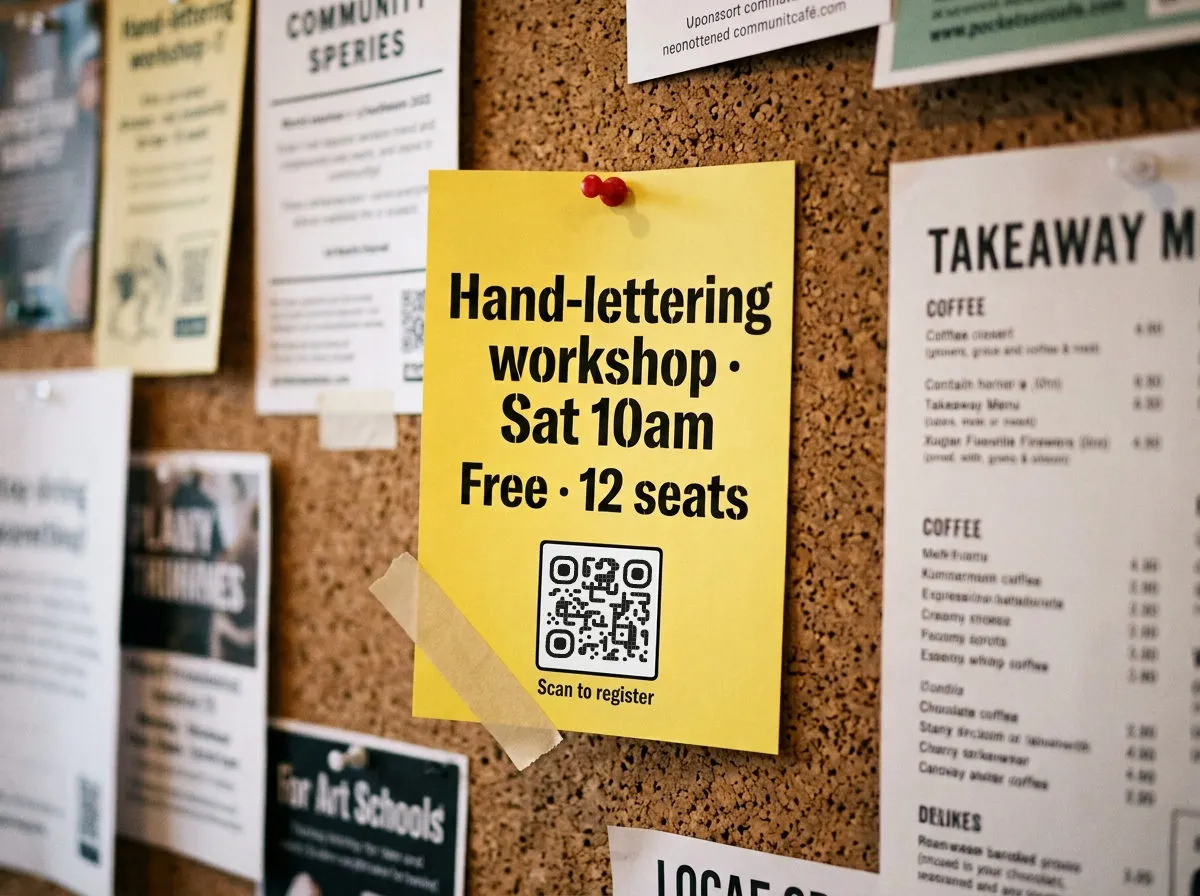 A Pocket Sessions workshop flyer pinned to a busy café corkboard — photocopy black on yellow, 'Hand-lettering workshop · Sat 10am · Free · 12 seats', QR code labeled 'Scan to register'