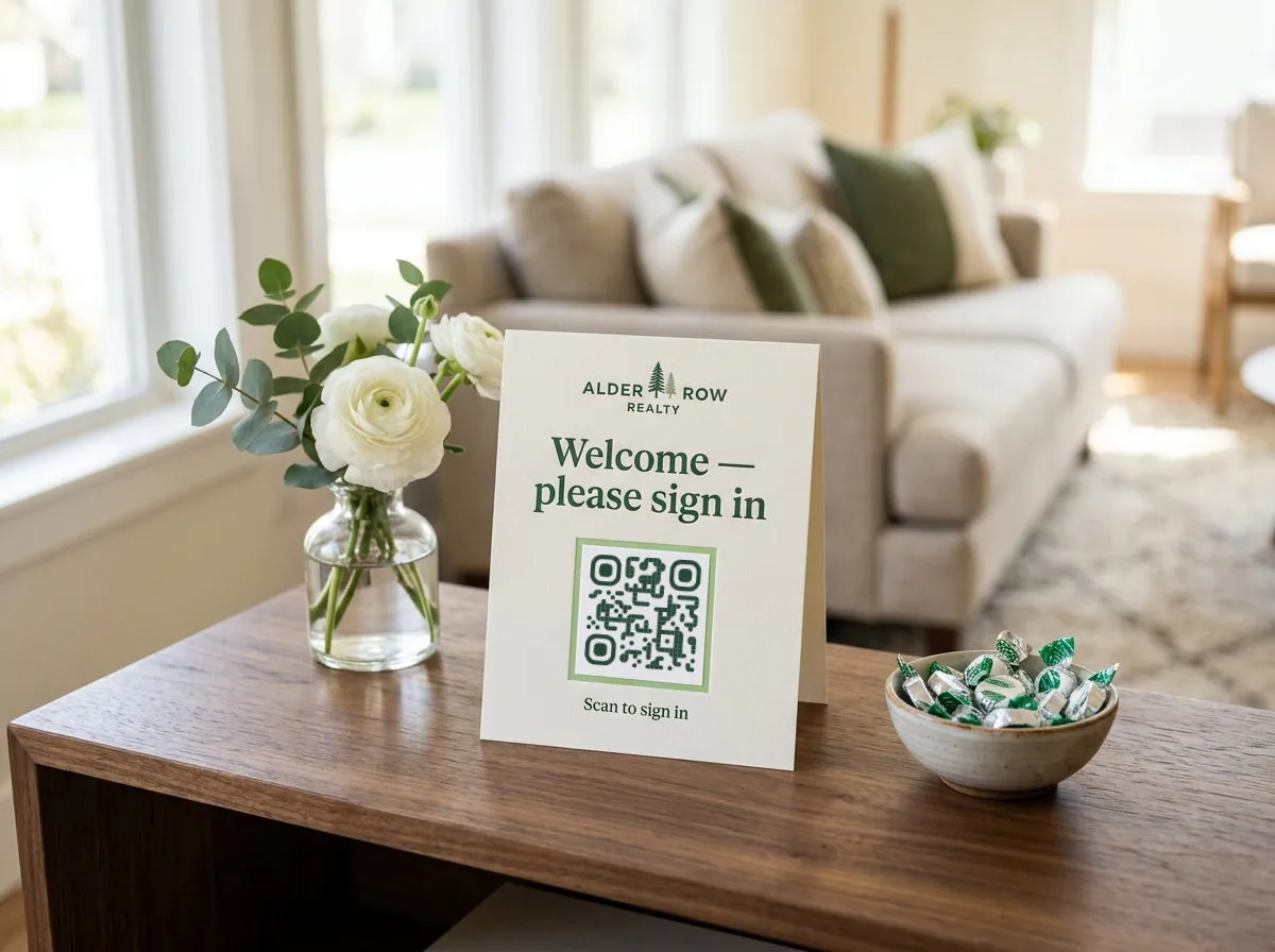 An Alder Row Realty tent card on a walnut entry console at an open house — 'Welcome — please sign in', QR code labeled 'Scan to sign in', flowers and a bright living room behind; no clipboard in sight