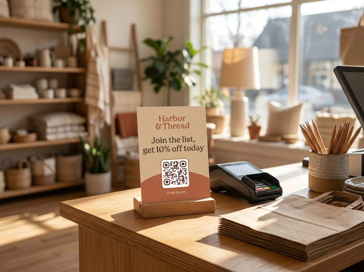 A Harbor & Thread countertop card in a wooden stand beside the card reader at a home-goods shop register — 'Join the list, get 10% off today', QR code labeled 'Scan to join'