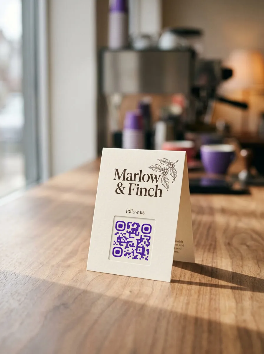 Marlow & Finch café table tent inviting customers to follow, with a QR code