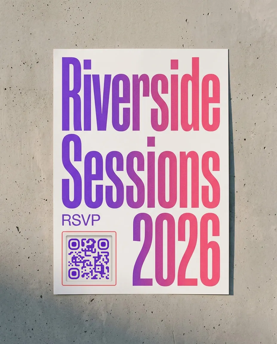 Riverside Sessions 2026 festival poster with an RSVP QR code