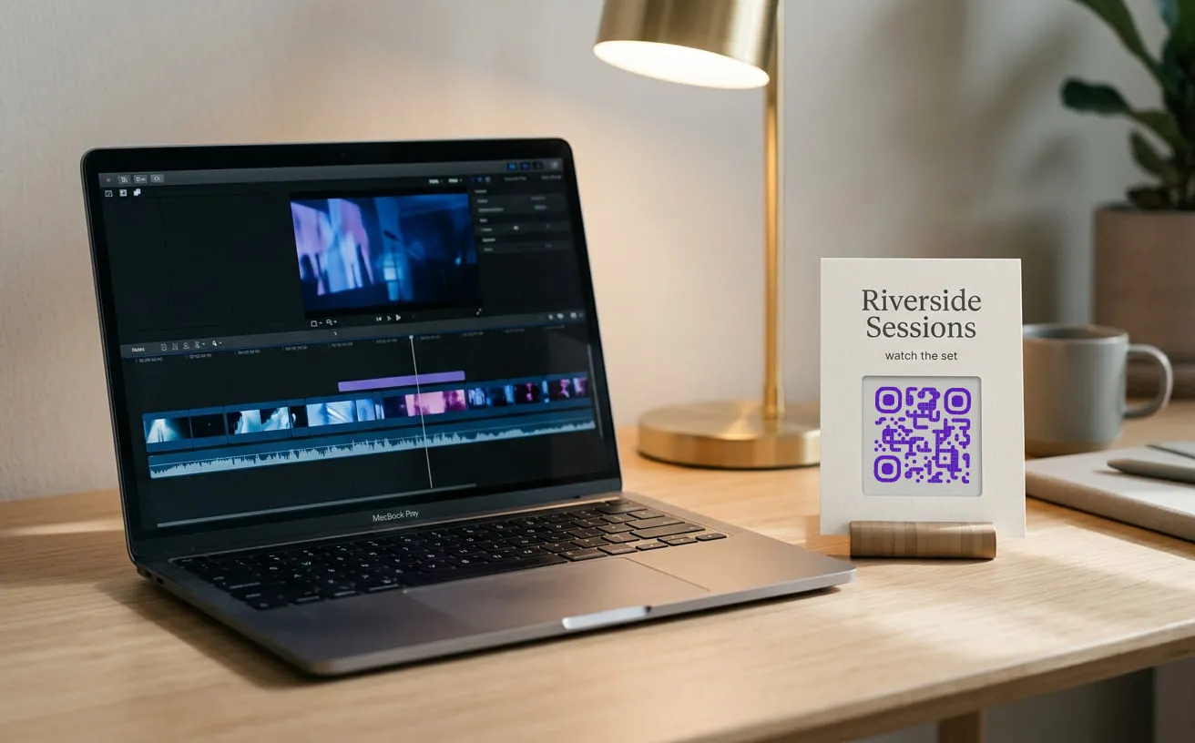 Riverside Sessions watch-the-set card on a video editor’s desk, with a QR code